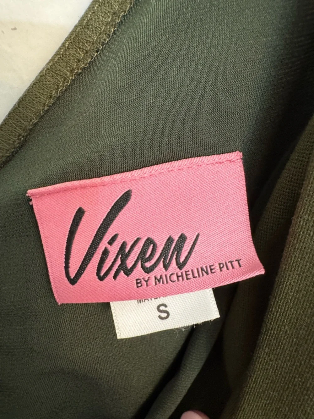 Vixen by Micheline Pitt Olive Green Bawdy Wiggle Dress with Belt Size S - Picture 4 of 6